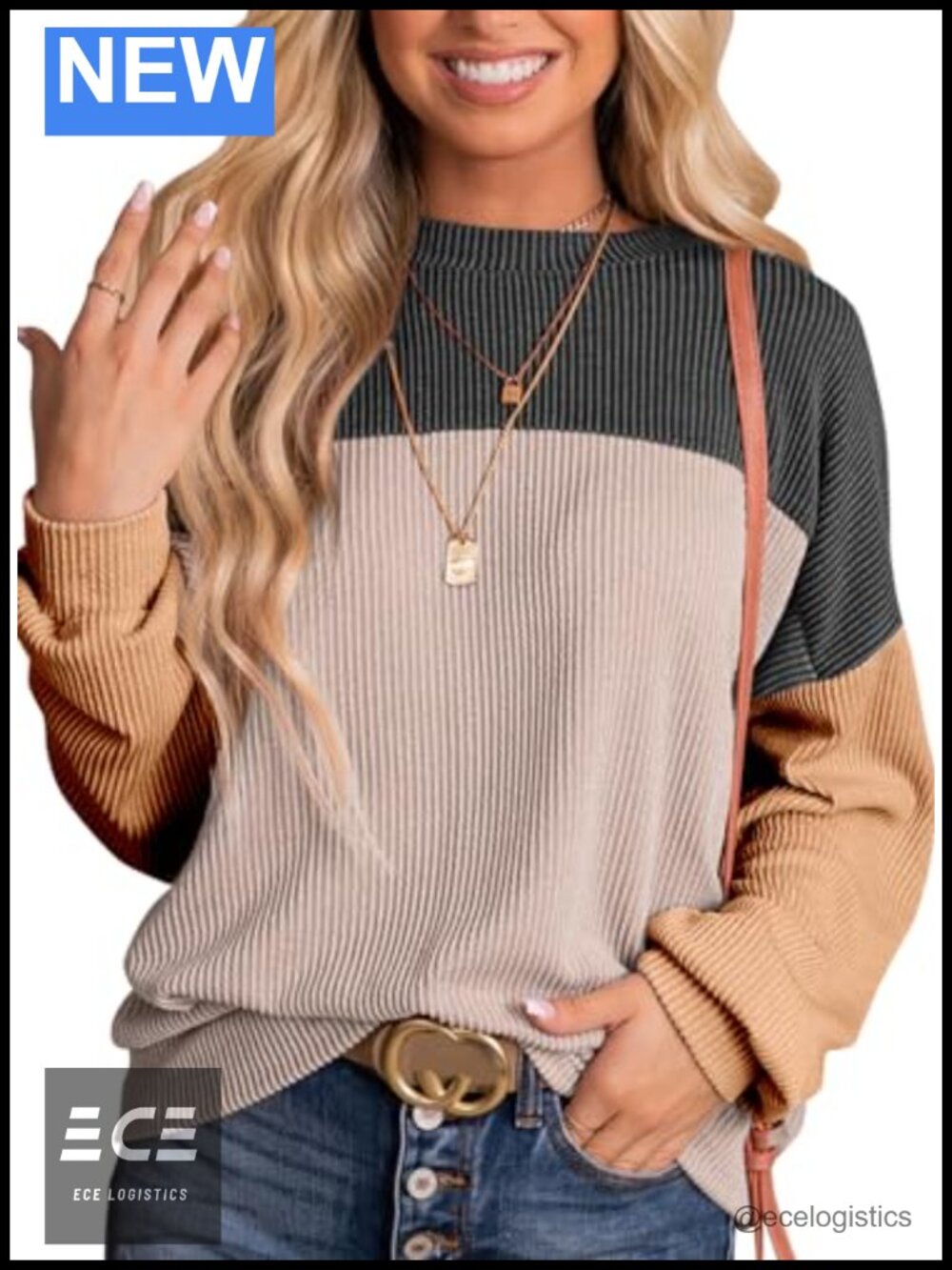 Womens Ribbed Knit Color Block Long Sleeve Crewneck Drop Shoulder Loose Fit Top